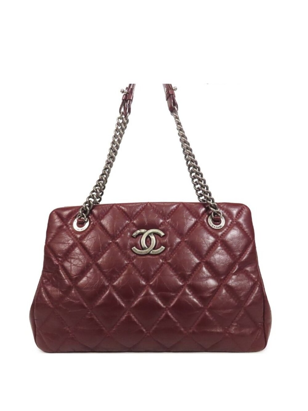 Chanel Chain Tote Bordeaux Silver Lambskin Quilted Shoulder Bag